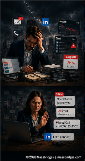 Overwhelmed salesperson managing outreach and frustrated B2B buyer rejecting unwanted sales messages.