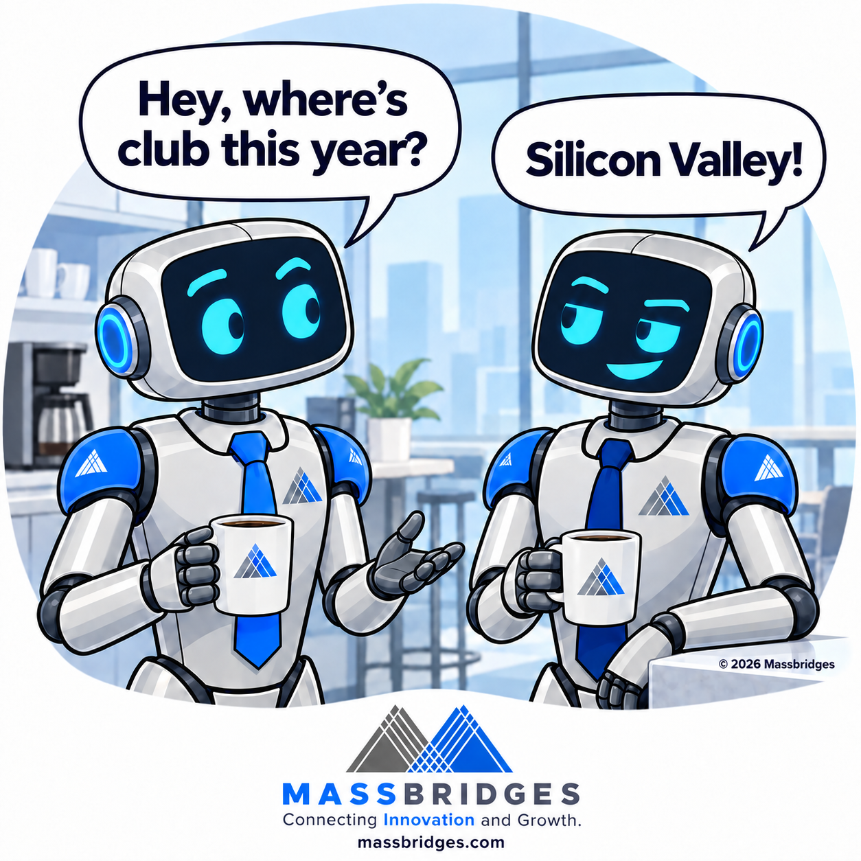 Two sales AI robots talking about Sales club, the first asks, "where's club this year?", the second replies, "Silicon Valley"