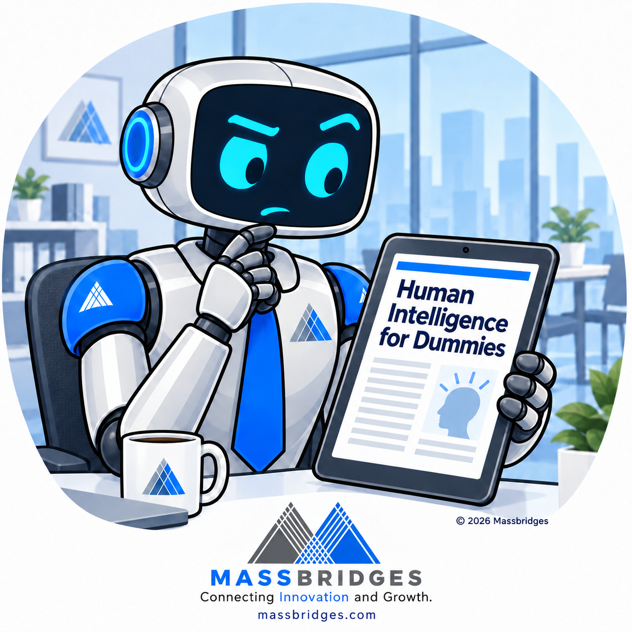 AI sales robot reading a digital copy of the book, "Human Intelligence for Dummies"